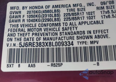 2008 Honda Cr-V Lx из США, поврежденный, VIN 5J6RE383X8L009334